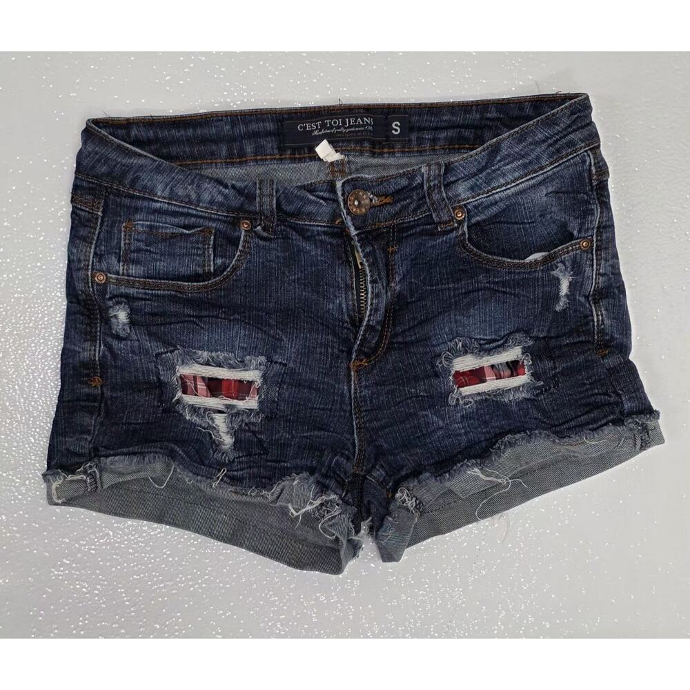 C’Est Toi Jeans Distressed Denim Shorts Size S Dark Wash Plaid Backing Rips